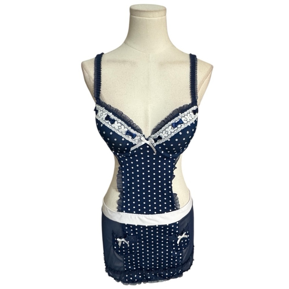 RAMPAGE Blue White Chemise Polka Dot Bra French Maid Costume Sexy‎ Costume L M